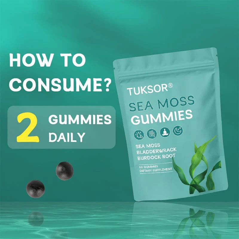 TUKSOR Organic Sea Moss Gummies,Black Seed Oil, Burdock Root, Ashwagandha & Bladderwrack,60 Gummies