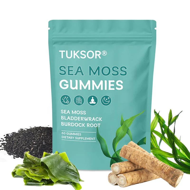 TUKSOR Organic Sea Moss Gummies,Black Seed Oil, Burdock Root, Ashwagandha & Bladderwrack,60 Gummies