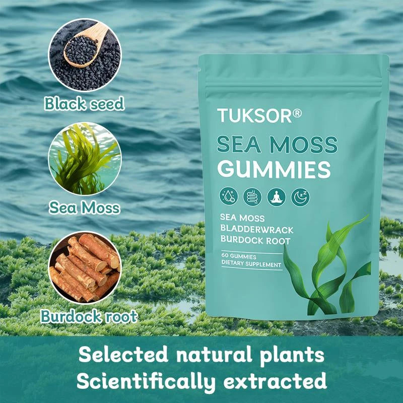 TUKSOR Organic Sea Moss Gummies,Black Seed Oil, Burdock Root, Ashwagandha & Bladderwrack,60 Gummies