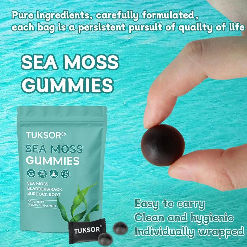 TUKSOR Organic Sea Moss Gummies,Black Seed Oil, Burdock Root, Ashwagandha & Bladderwrack,60 Gummies