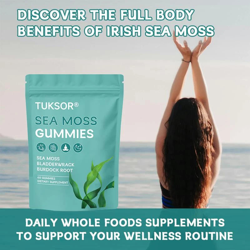 TUKSOR Organic Sea Moss Gummies,Black Seed Oil, Burdock Root, Ashwagandha & Bladderwrack,60 Gummies