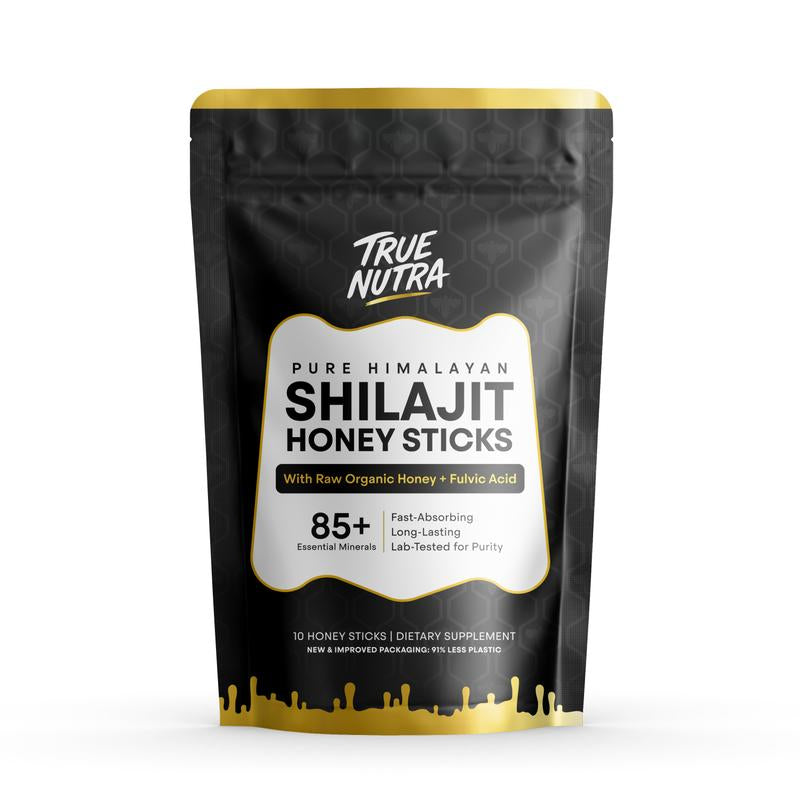 True Nutra Pure Himalayan Shilajit Honey Sticks with Raw Organic Honey Fulvic Acid 85+ Essential Minerals Fast Absorbing Long Lasting 10 Sticks